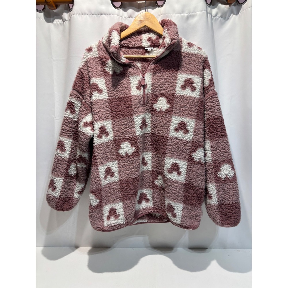 Disney Minnie Mouse Pullover Women XL Mauve Checkered Sherpa Quarter Zip Fleece